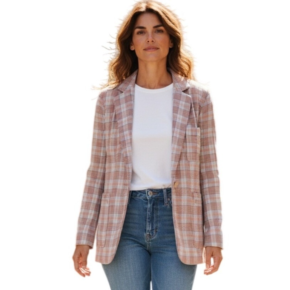 Anthropologie Maeve Relaxed Womens size Small Plaid Linen Preppy Classic Blazer‎